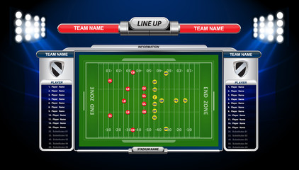 Vector of American football infographic elements on green field background.