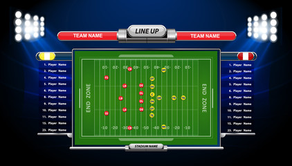 Vector of American football infographic elements on green field background.