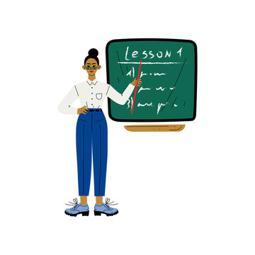 Female Teacher Character Standing in Front of School Blackboard Vector Illustration