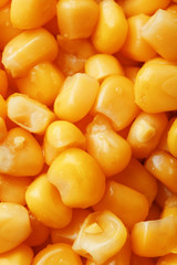 Golden canned corn, as distributed on a plane background and texture of popcorn. Before watching a movie top view. Close-up