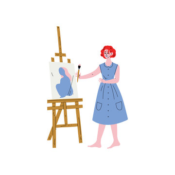 Female Artist Character Drawing on Easel with Paints Vector Illustration