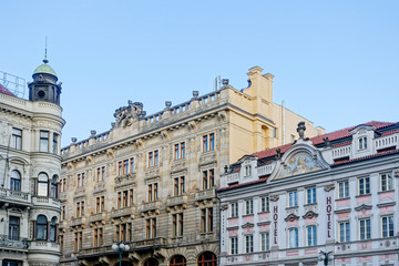 Fototapeta na wymiar PRAGUE, CZECH REPUBLIC - July 25, 2017 : Beautiful street view of Traditional old buildings in Prague, Czech Republic
