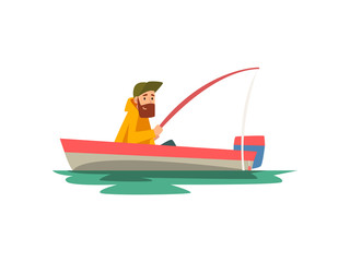 Bearded Fisherman Sitting in Boat with Fishing Rod, Fishman Character Wearing Raincoat Vector Illustration