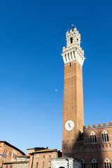 Fototapeta premium Siena's famous landmark tall bell tower on a solid blue sky