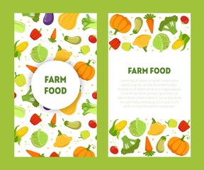 Farm Food Banners Set with Place for Test, Fresh Natural Colorful Vegetables Vector Illustration