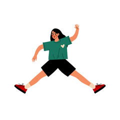Happy Girl Jumping Wearing Casual Clothes, Young Woman Celebrating Important Event, Dance  Party, Friendship, Sport Concept Vector Illustration