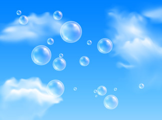 Vector transparent flying soap bubbles on blue sky background with white clouds