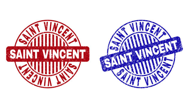 Grunge SAINT VINCENT round stamp seals isolated on a white background. Round seals with grunge texture in red and blue colors.