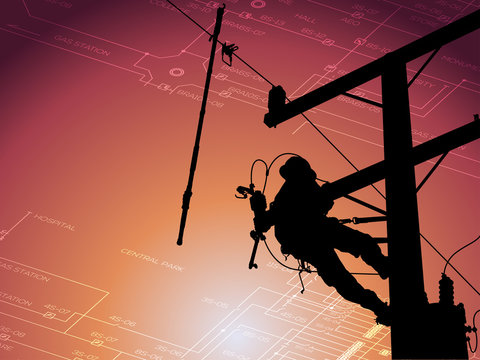 The silhouette power lineman disconnect the cable to replace the defective device that causes power outage. Before returning power to the power user. Background is single line diagram of distribution.
