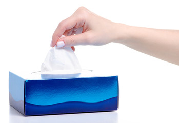 Box hygiene napkins in hand on a white background isolation