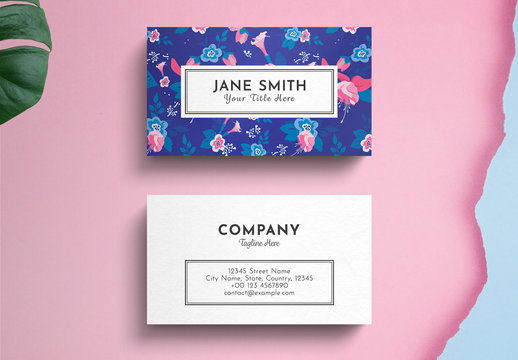 Floral Business Card Layout on Blue Background
