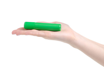 vial marker brilliant green in hand on a white background isolation