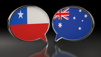 Chile and Australia flags with Speech Bubbles. 3D Illustration