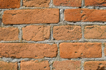 Brick wall close-up. Brick laying on cement mortar.