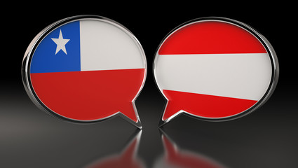 Chile and Austria flags with Speech Bubbles. 3D Illustration