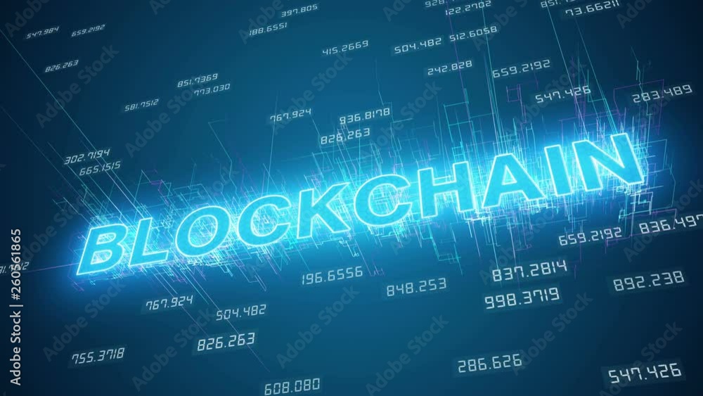 Poster video animation of blockchain network on blue background