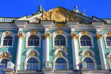Facade of Winter Palace in St. Petersburg, Russia. Ornamental details of main building exterior, close up view