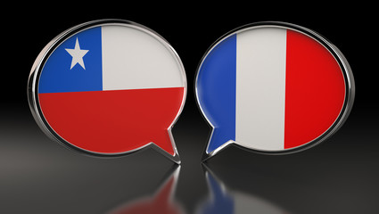 Chile and France flags with Speech Bubbles. 3D Illustration