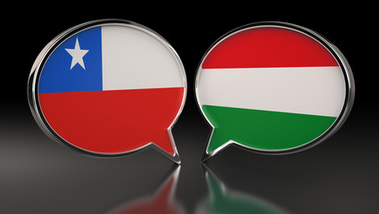 Chile and Hungary flags with Speech Bubbles. 3D Illustration