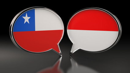 Chile and Indonesia flags with Speech Bubbles. 3D Illustration