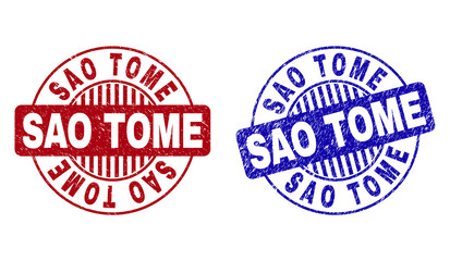 Grunge SAO TOME round stamp seals isolated on a white background. Round seals with distress texture in red and blue colors. Vector rubber imitation of SAO TOME caption inside circle form with stripes.
