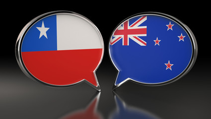 Chile and New Zealand flags with Speech Bubbles. 3D Illustration