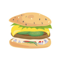 Vector illustration of a sandwich with different ingredients. big savory cheeseburger