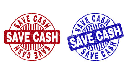 Grunge SAVE CASH round stamp seals isolated on a white background. Round seals with distress texture in red and blue colors. Vector rubber imprint of SAVE CASH text inside circle form with stripes.