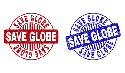 Grunge SAVE GLOBE round stamp seals isolated on a white background. Round seals with grunge texture in red and blue colors. Vector rubber overlay of SAVE GLOBE text inside circle form with stripes.