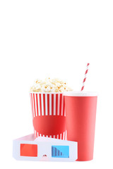 Red paper cup with popcorn and glasses on white background