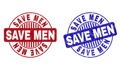 Grunge SAVE MEN round stamp seals isolated on a white background. Round seals with grunge texture in red and blue colors. Vector rubber watermark of SAVE MEN caption inside circle form with stripes.