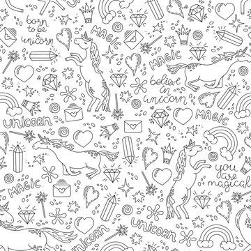 Black and white fairy pattern with unicorns, crown, magic wand, crystals, hearts, rainbow and lettering. Hand drawn seamless pattern in Doodle style. Vector illustration.