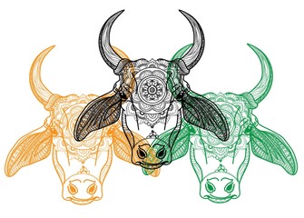The cow's head. A cow with big horns and fluffy ears. Drawing manually in vintage style. Meditative coloring. Coloring for children. Arrows, points, patterns, waves. - 260565495
