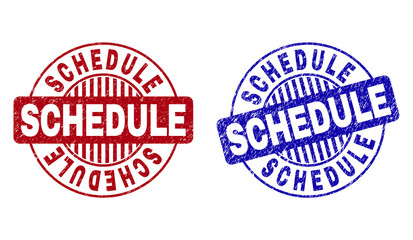 Grunge SCHEDULE round stamp seals isolated on a white background. Round seals with grunge texture in red and blue colors. Vector rubber watermark of SCHEDULE caption inside circle form with stripes.