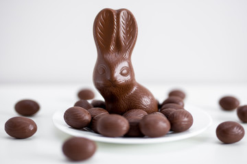 Easter concept - close up of chocolate bunny and eggs over white