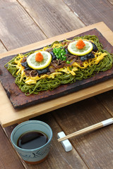 kawara soba, japanese local food,  fried green tea buckwheat noodles on roof tile