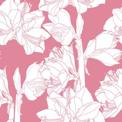 Hand drawn sketch illustration of lilies flowers seamless pattern. Floral pink  background, backdrop element for fabric, textile design, wedding.