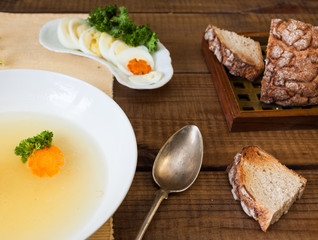 Clear chicken broth and egg.