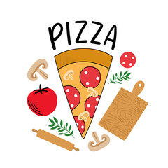 Pizza illustration with hand draw lettering pizza lover for print, decor, cafe.