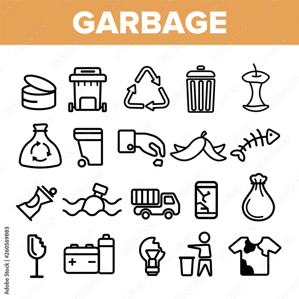 Poster garbage recycling linear vector icons set. trash, garbage thin line contour symbols pack. earth poll