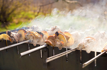 cooking  outdoor activities meat on skewers 