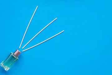 incense sticks for fresh air on blue background top view mock up
