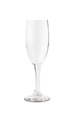 Empty transparent champagne glass isolated on white background. Crystal tableware for alcoholic drink