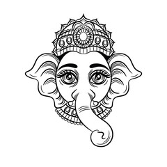 Vector black white illustration of an indian god with an elephant head. Indian deity Ganesh. Sketch for tattoo head of an elephant. Icon, logo, symbol for yoga studio isolated on white background