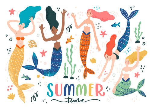 Colorful set with funny swimming mermaids, on white background with fish, sea star and inscription - summer time