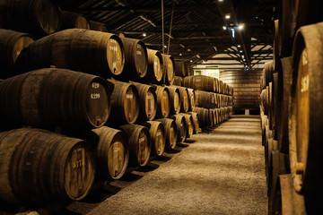 Old aged traditional wooden barrels with wine in a vault lined up in cool and dark cellar in Italy, Porto, Portugal, France