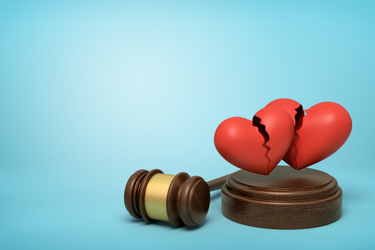 3d rendering of brown wooden gavel and two red broken hearts on round wooden block on blue background
