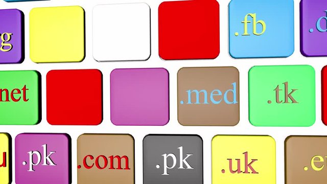 Computer keyboard button key with colorful website and Internet domain names. 3D Illustration of keyboard keys with letter of website links  for online business e-commerce concept.