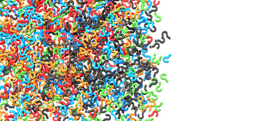 Colored question marks on white background with empty copy space on right side. 3D Rendering