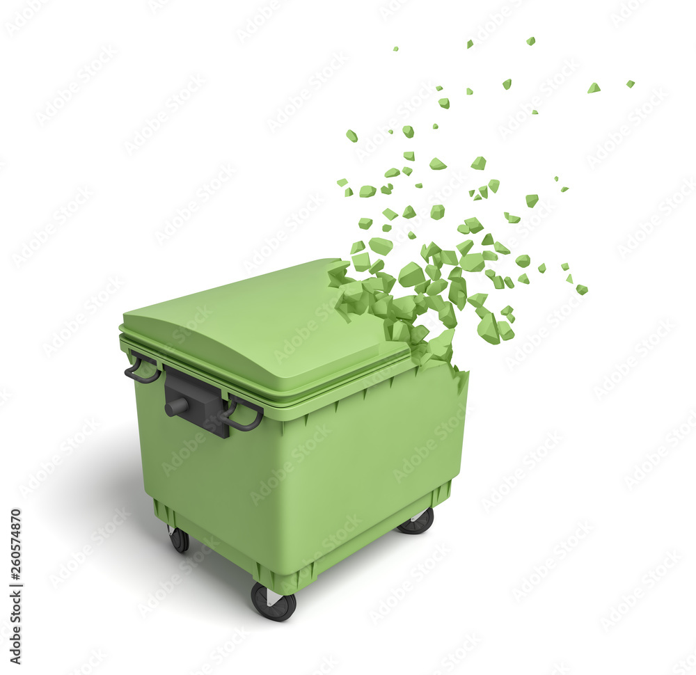 Poster 3d rendering of closed green dumpster which is starting to dissolve into pieces from one side on whi